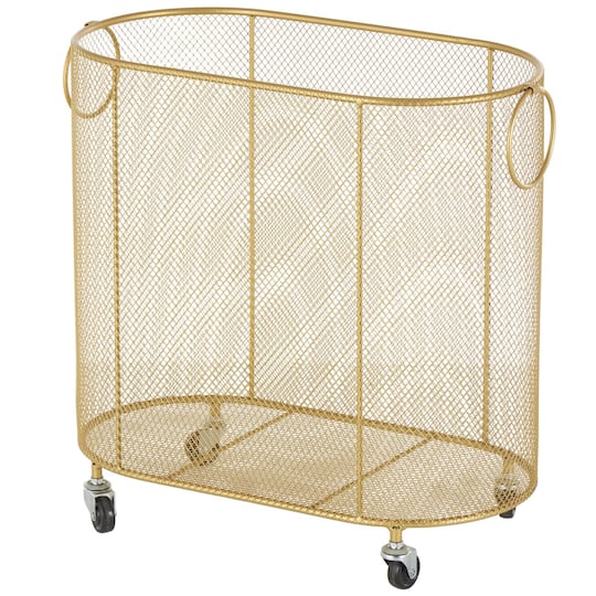 21" Metal Oval Mesh Wire Rolling Laundry Storage Cart with Ring Handles